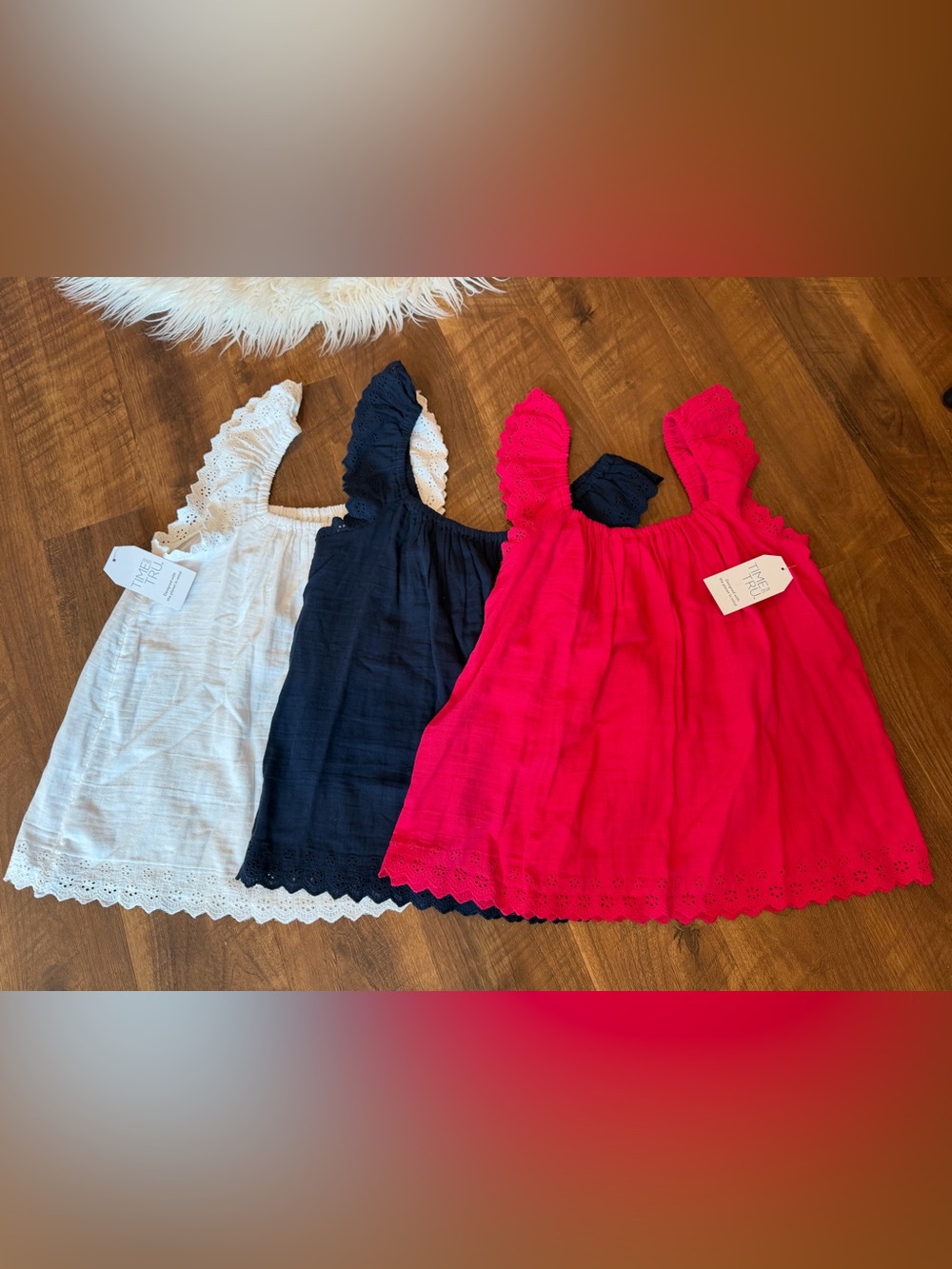 3 NEW Time and Tru Flutter Sleeve Eyelet Trim Tops in Hot Pink, Navy & White